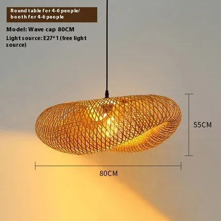 Bamboo hanging lamp with straw hat shape and 60cm diameter, made from natural rattan