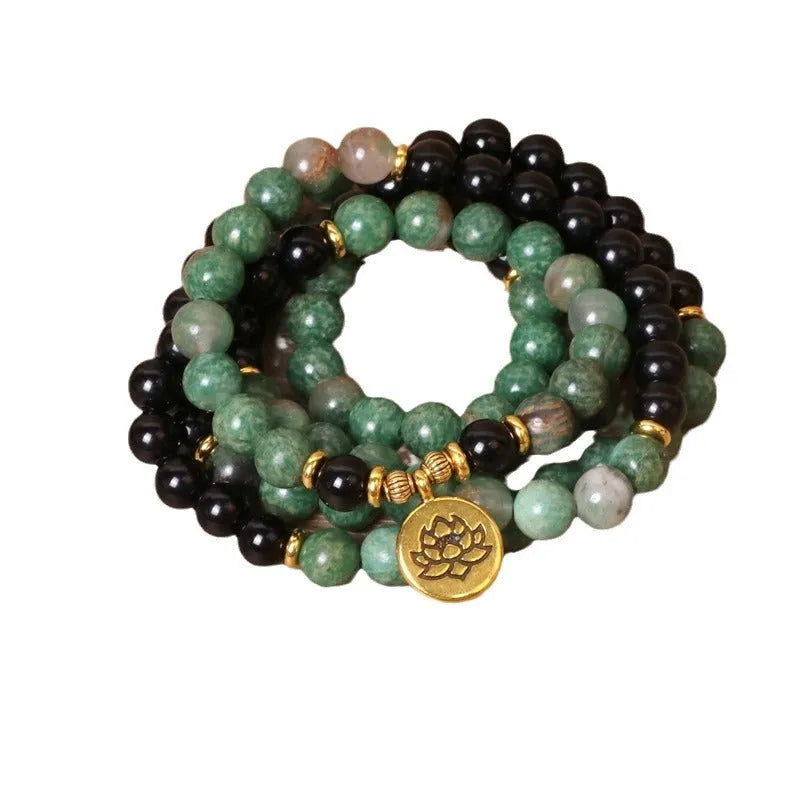 Green and black alloy beaded long bracelet with elastic stretch band