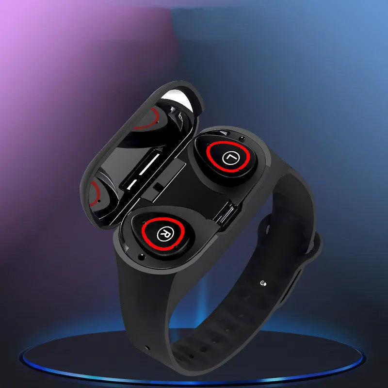 Smart bracelet and Bluetooth earphone combination device with silicone wristband in blue, black or red