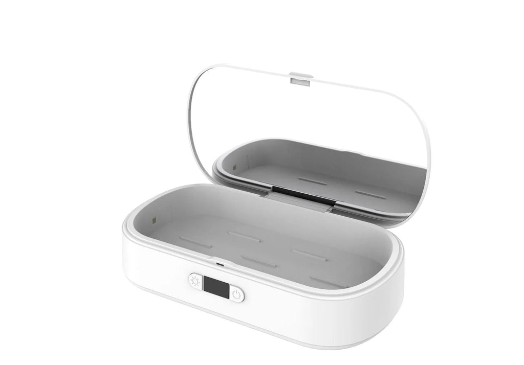 White UV sterilisation box with aromatherapy function for wireless charging and disinfection of personal items