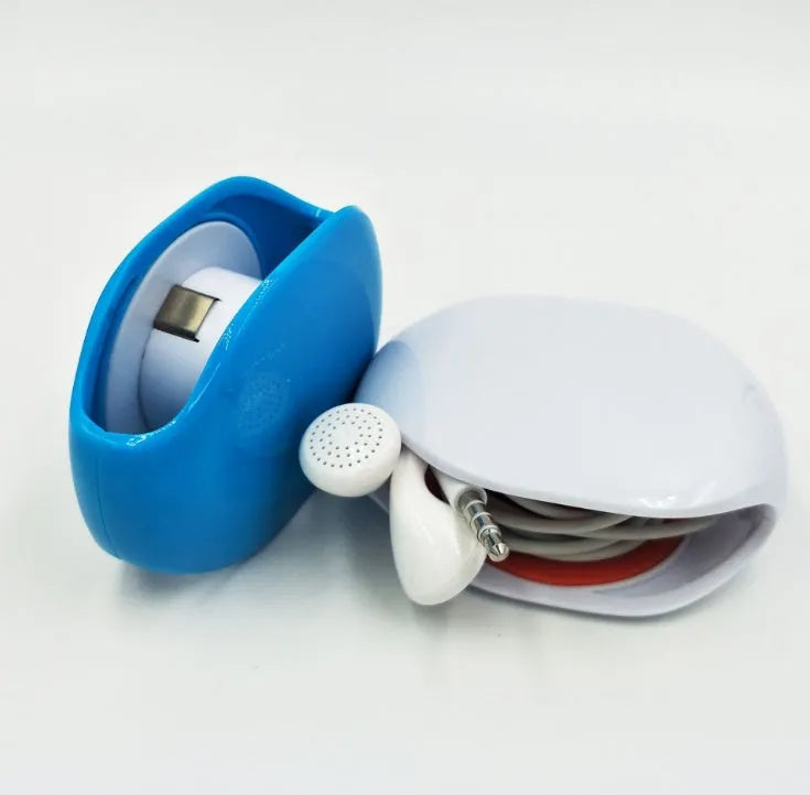 Automatic earphone cable winder with telescopic push mechanism showing compact design