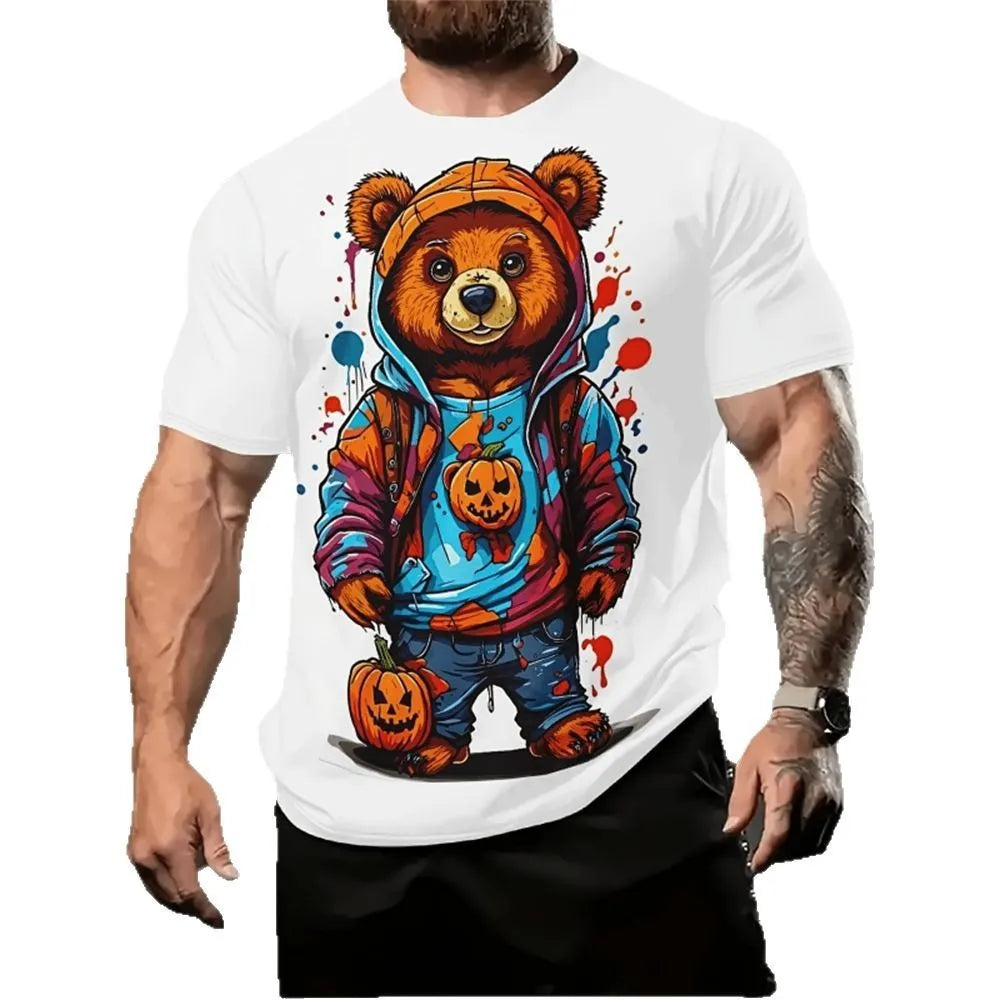 Man wearing a loose-fit grey t-shirt with a colourful 3D cartoon print on the front.