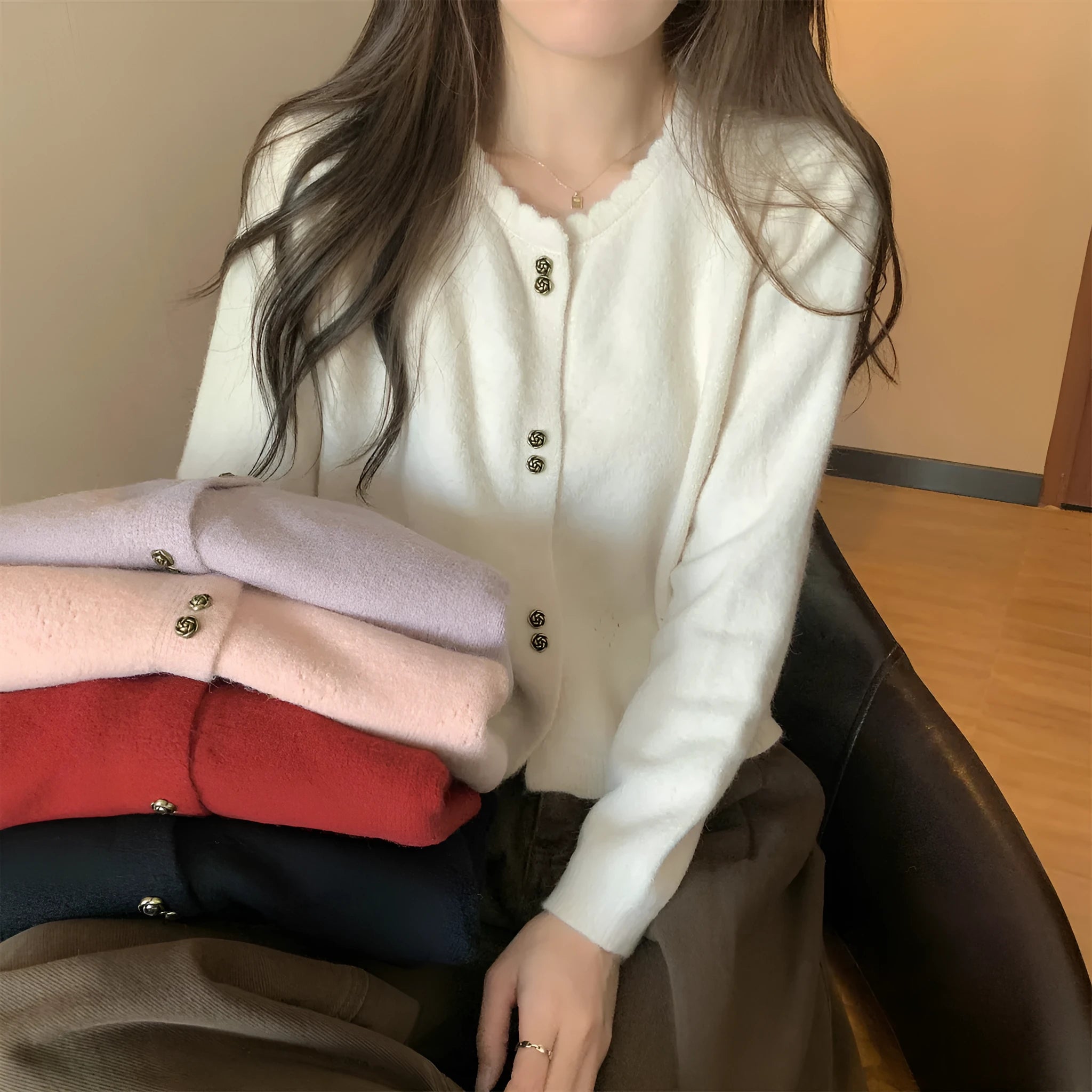 Women's long sleeve acrylic cardigan coat in beige colour
