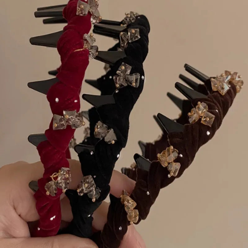 French velvet hairband with crystal wave decoration in high head design for hair pressing