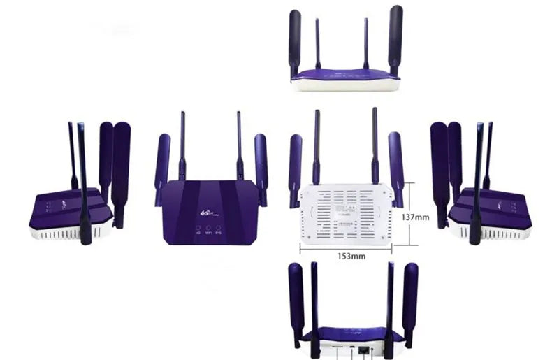 Blue 4G dual mode router with four external antennas showing front panel and connectivity ports