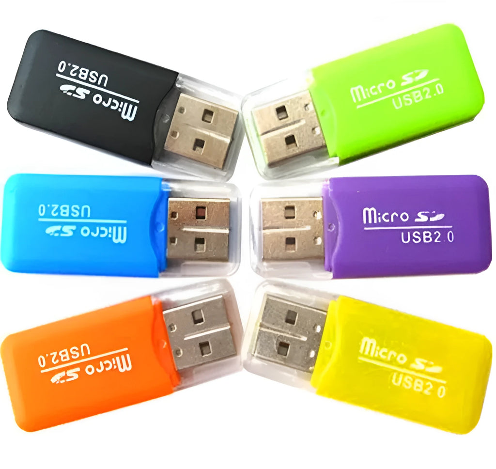 Black and silver Mini USB card reader for microSD and SD memory cards on a desk.