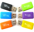 Black and silver Mini USB card reader for microSD and SD memory cards on a desk.