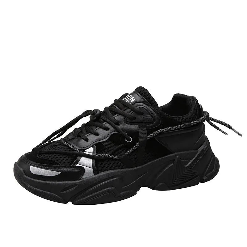 Men's white platform dad shoes with lace-up front and breathable mesh lining, Korean style.