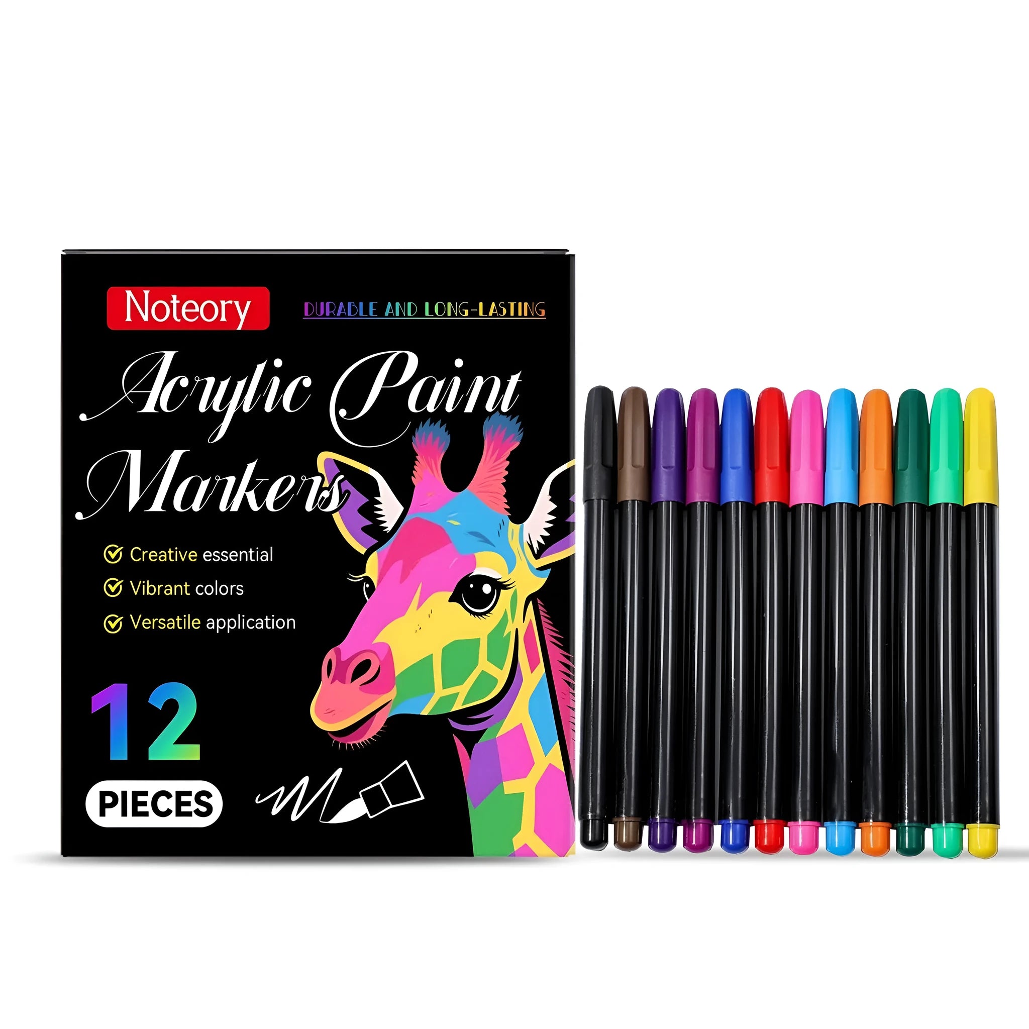Set of 12 acrylic paint markers for use on wood, metal, canvas, and glass surfaces.