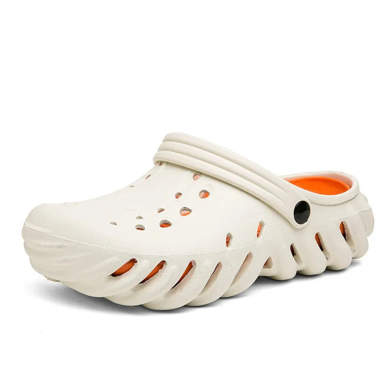 Men's beige EVA sandals showing hollow-out breathable design and round toe shape on a non-slip sole.