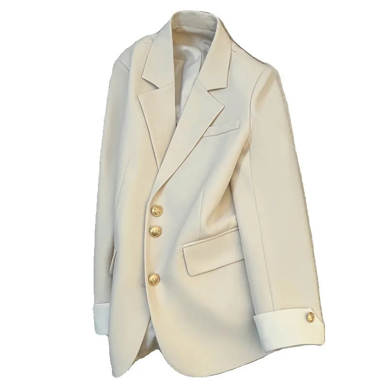 Women's loose fit Korean-style coat in milky white with pockets and long sleeves