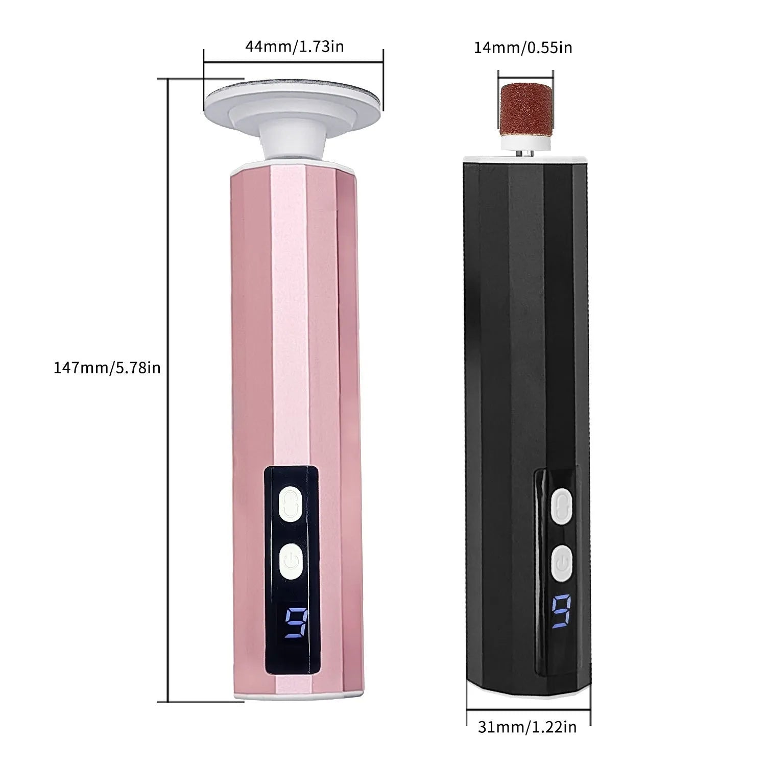Pink electric callus remover tool with USB cable and pack of sandpaper grinding wheel attachments on a table.
