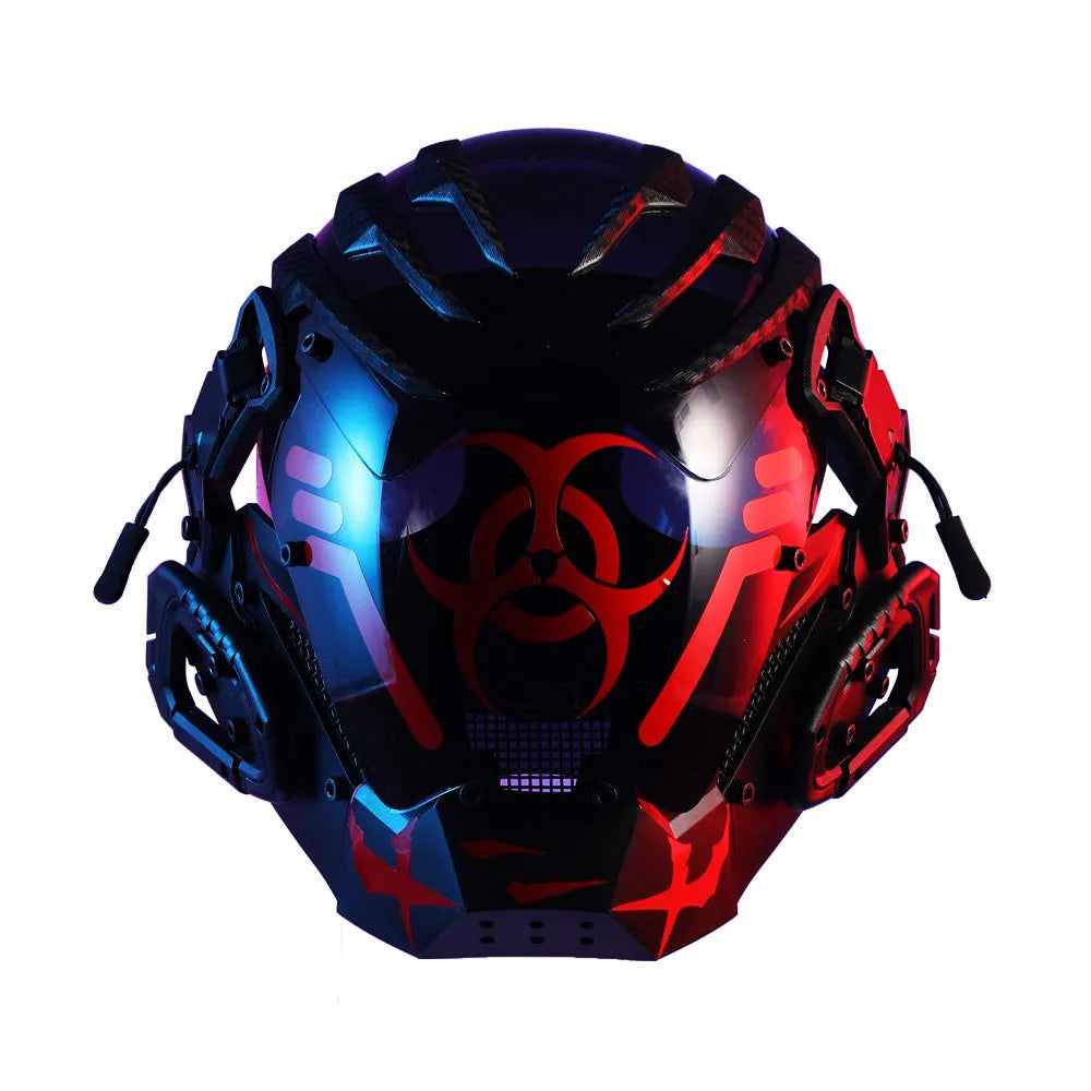Black bioweapon full face helmet prop mask with tech-themed CYBER04 design