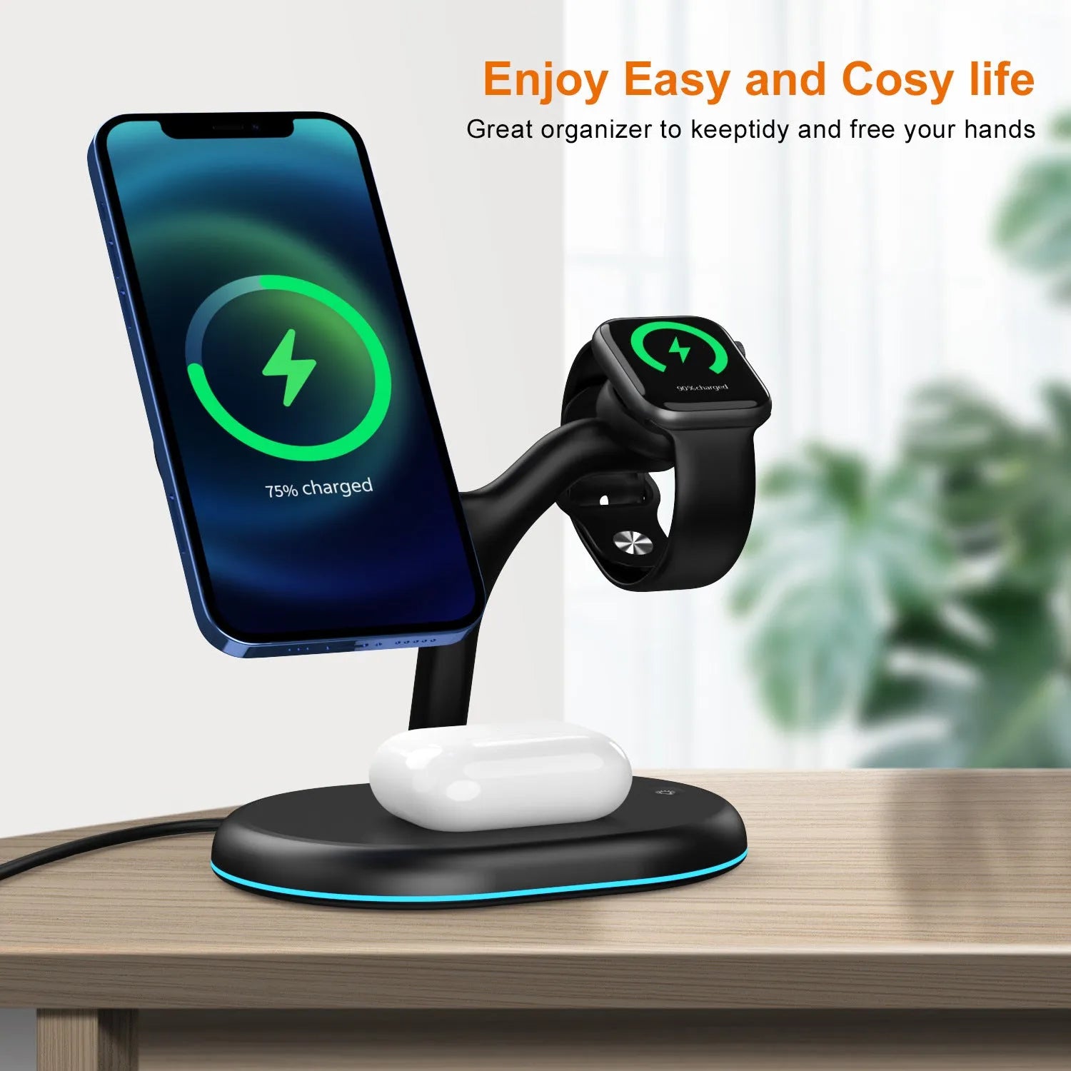 Black ABS plastic 3-in-1 magnetic wireless charging stand for phone, watch and earbuds.