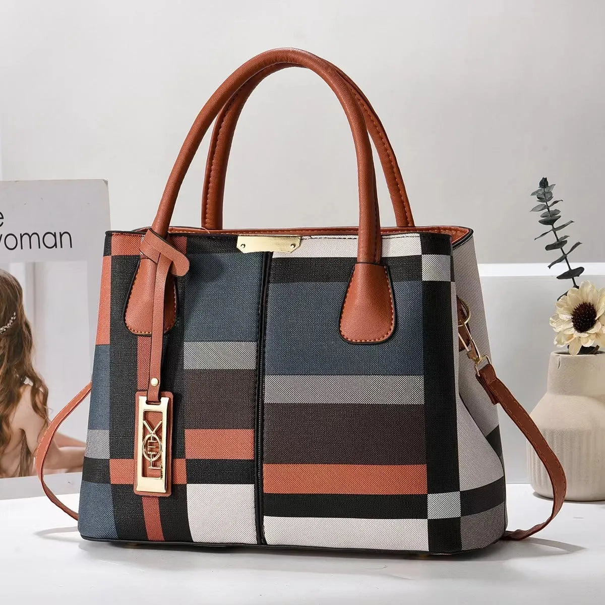 Women's large capacity PU shoulder bag with leather strap in horizontal square shape