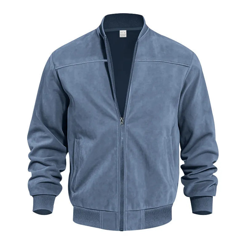 Men's plus size suede zip-front jacket in army green on a hanger