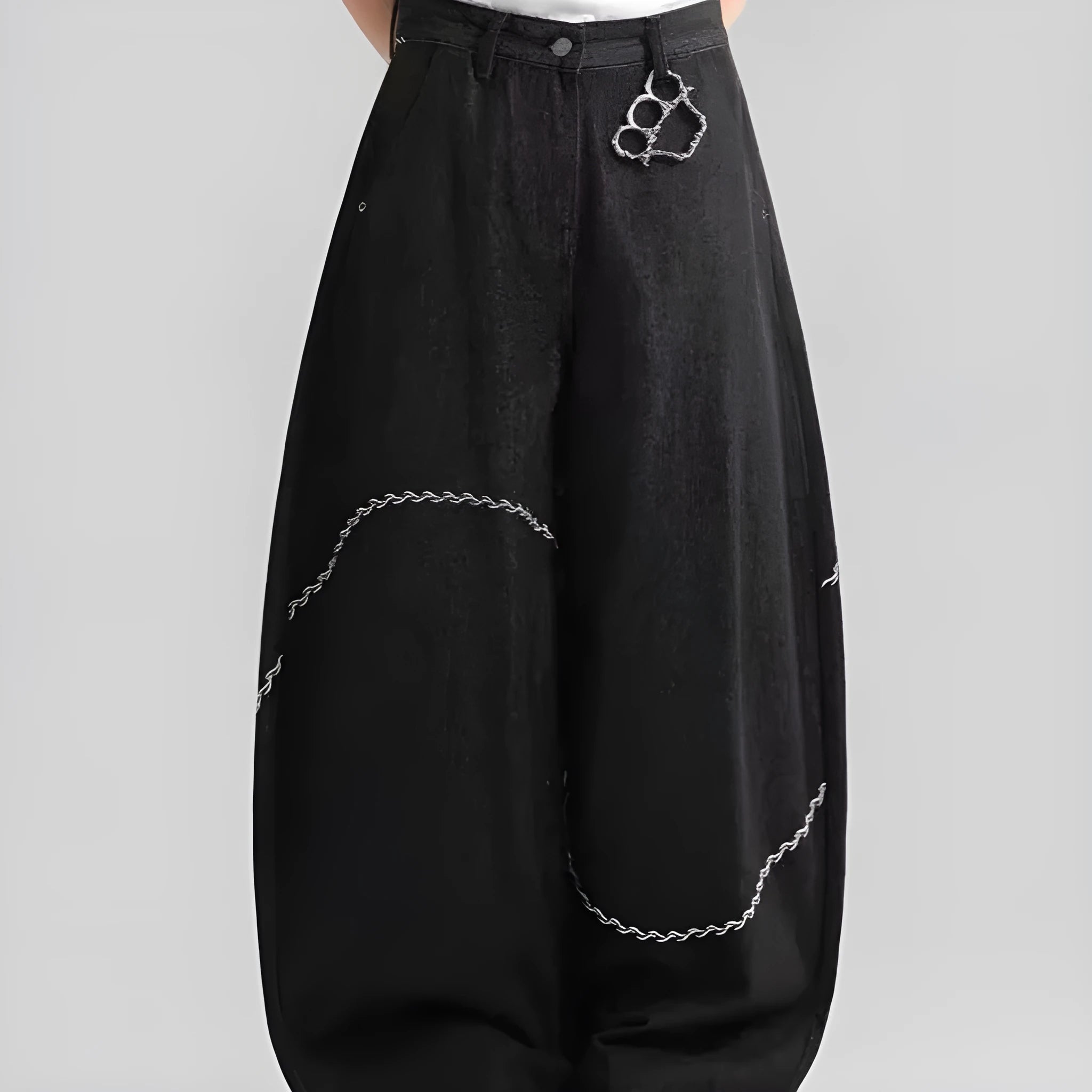 Black straight leg trousers in polyester denim fabric with micro-elastic properties for casual wear