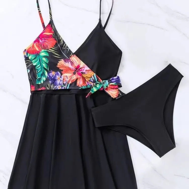 Black women's high waist briefs split bikini for sports and swimming activities.