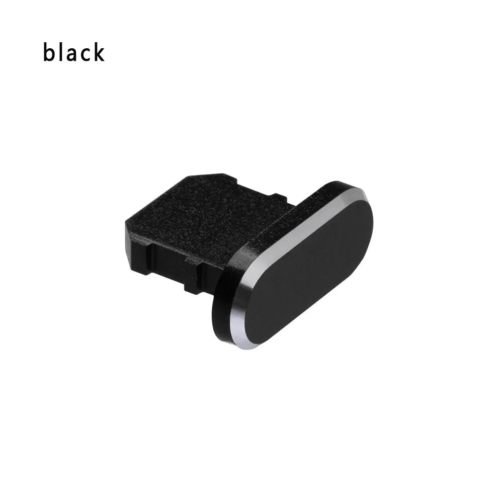 Aluminium alloy dust plug for iPhone charging port in various colours including gold, silver, and rose gold.