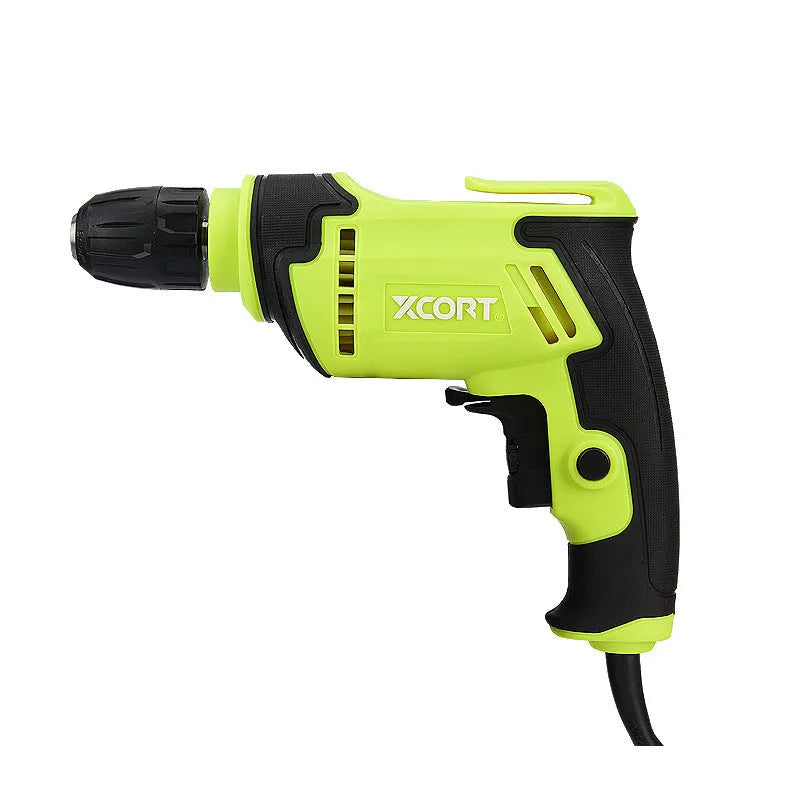 450 watt pistol-grip electric drill with multi-speed control and a 10mm chuck on a workbench.
