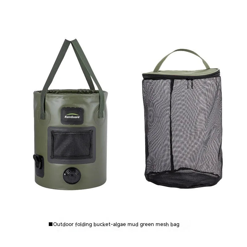 Lemon yellow collapsible plastic fishing bucket with 25-litre capacity shown next to folded version.