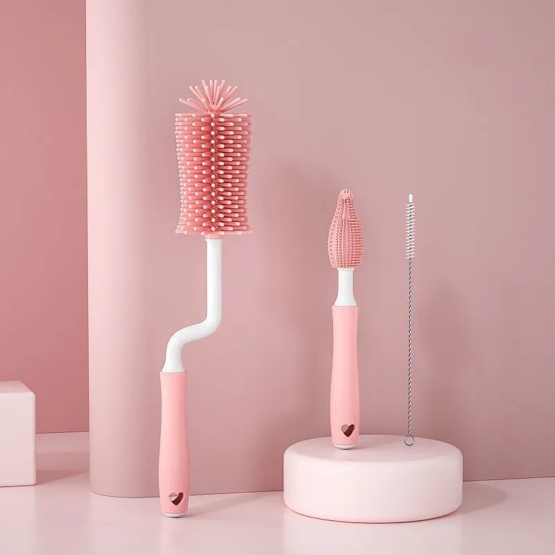 Silicone baby bottle brush and straw cleaning set in pink, blue, and yellow colour options