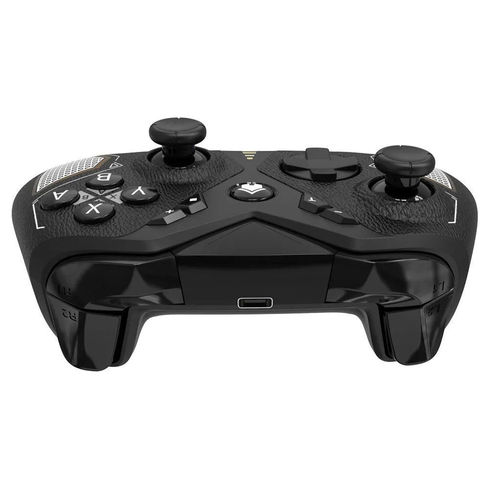 Black wireless game controller for Nintendo Switch with a leather-pattern texture on the grips.