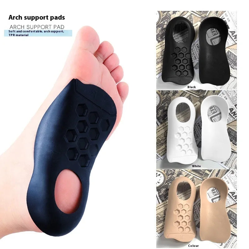 TPR arch support varus correction insoles in white, black, and skin colour showing size ranges 35-39 and 40-45.