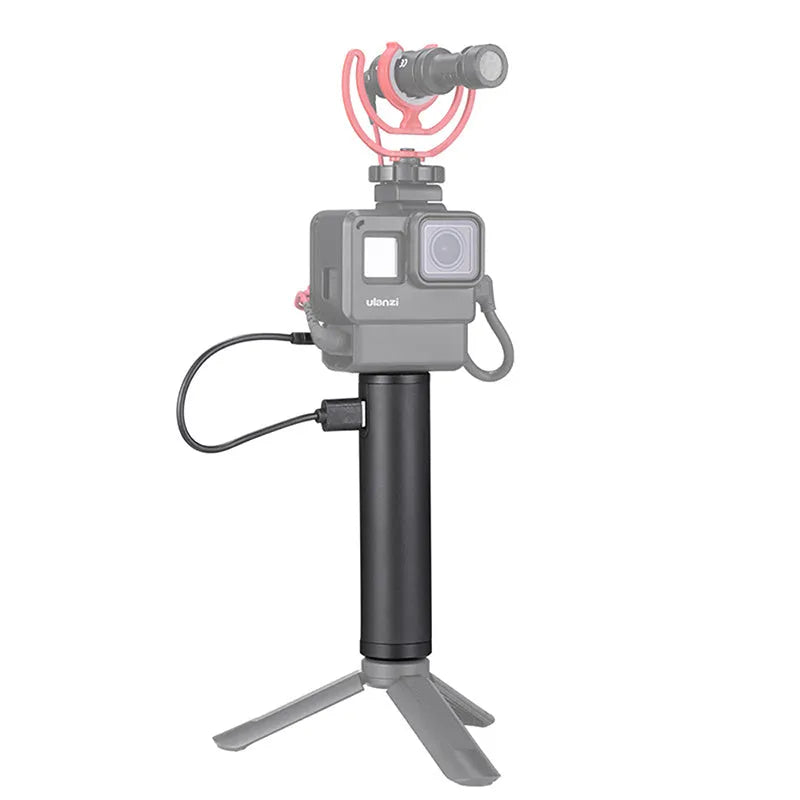 Black aluminium alloy portable power bank with an integrated handle, showing front view with scale.