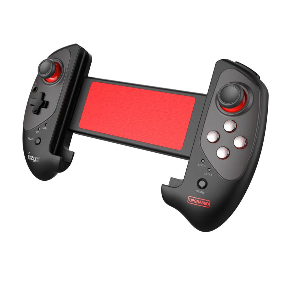 Red telescopic Bluetooth gamepad controller for Android iOS and PC gaming with USB cable