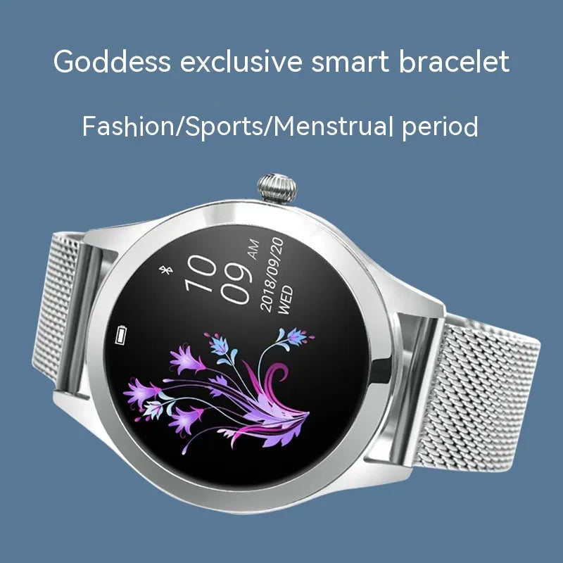 Women's multi-functional sports smartwatch in black, rose gold, silver, or white on a wrist.