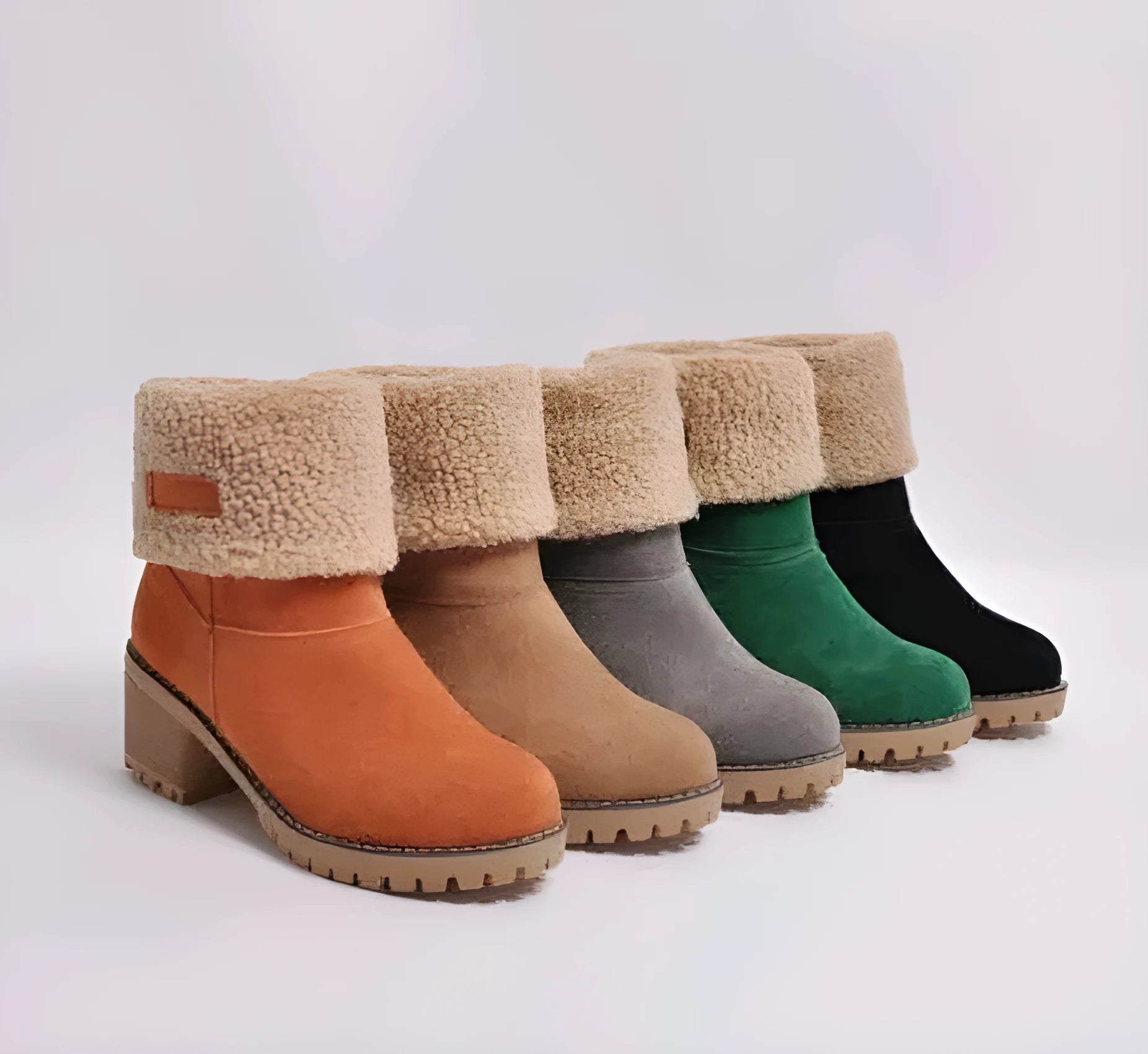 Women's mid-calf suede snow boots in black with a thick flat heel and round toe.