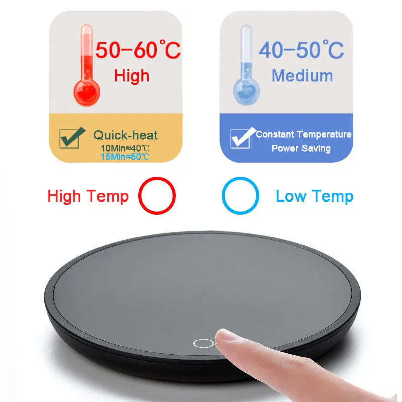 Black coffee mug warmer with temperature control switches and waterproof design
