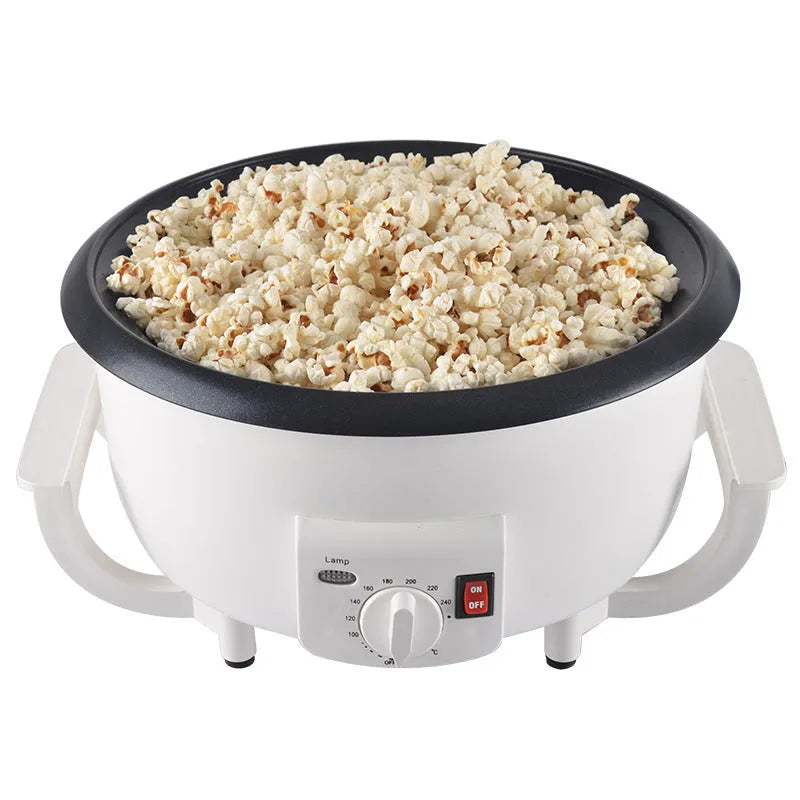 White oblate home coffee bean roasting machine with 750g capacity and 225mm base.