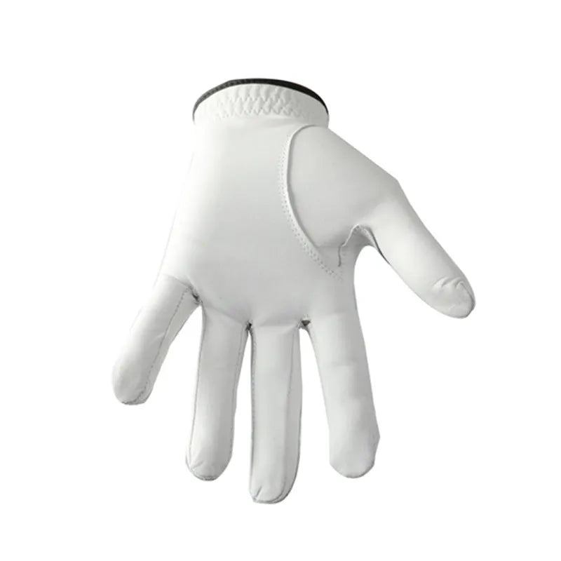 Single white men's golf glove made from breathable half sheepskin leather.