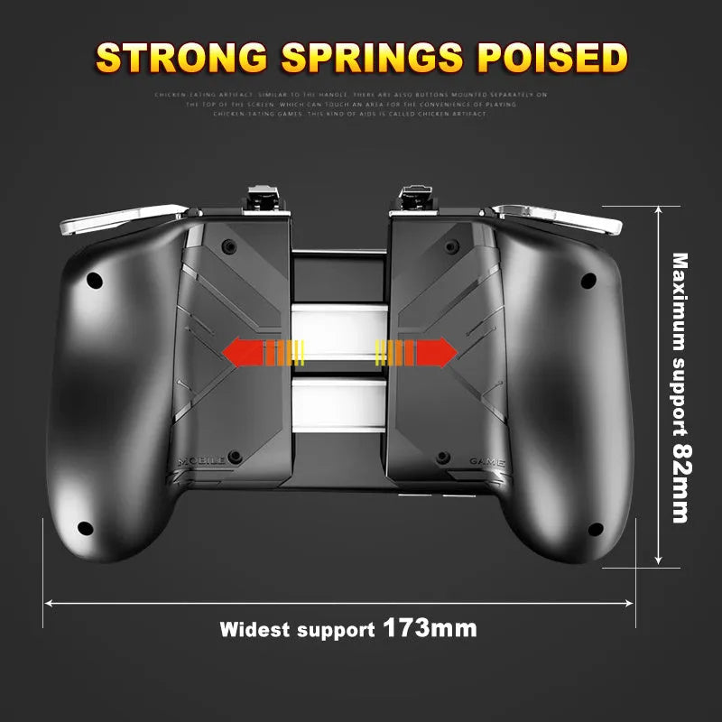 Telescopic mobile game controller handle extended with a smartphone clipped in the centre