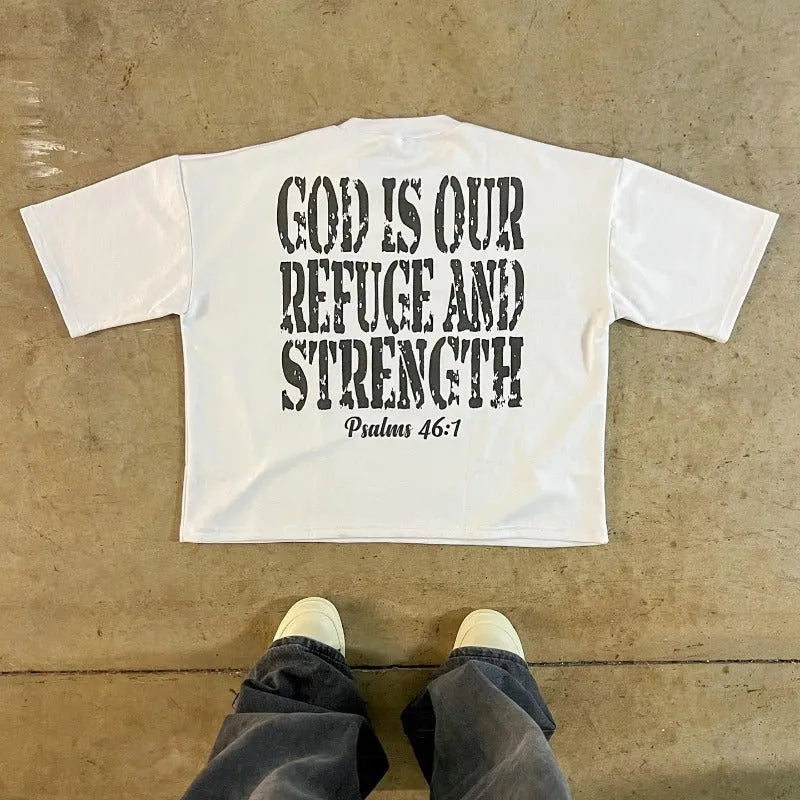 Printed cotton short sleeve retro street style t-shirt with drop-shoulder sleeves and contrast colour design