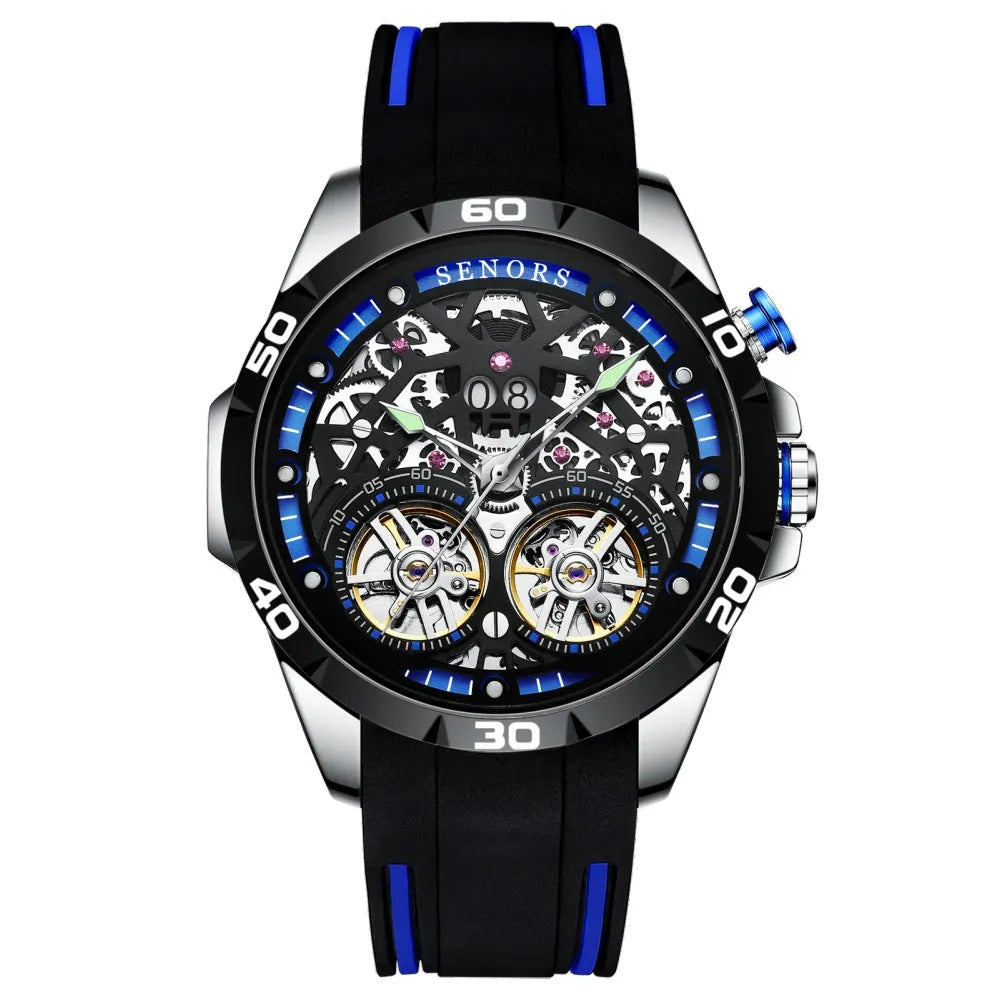 Men's automatic mechanical watch with luminous hands and hollow skeleton dial in business style