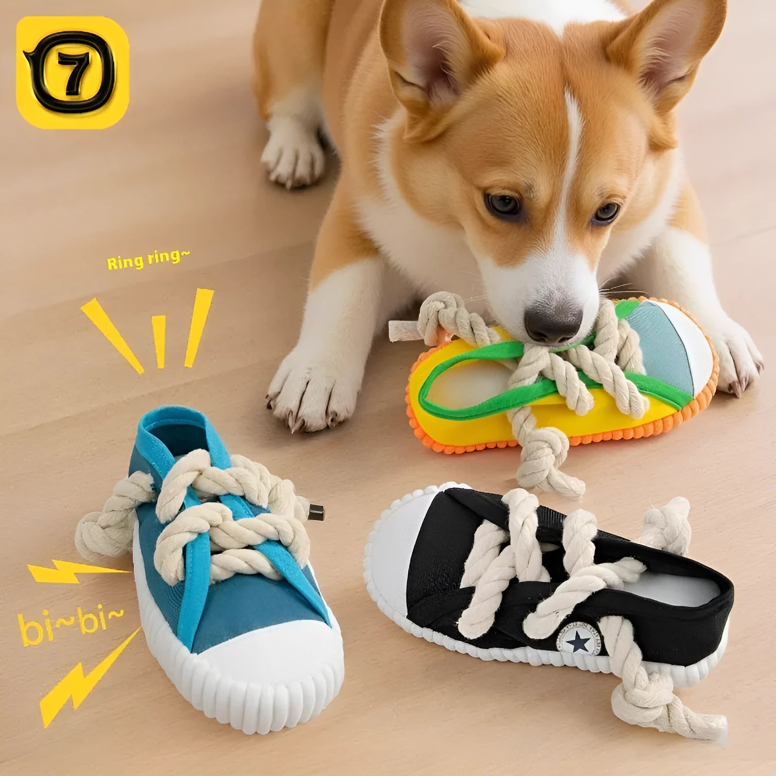Interactive plastic dog chew toy with squeaker sound mechanism in three colour options