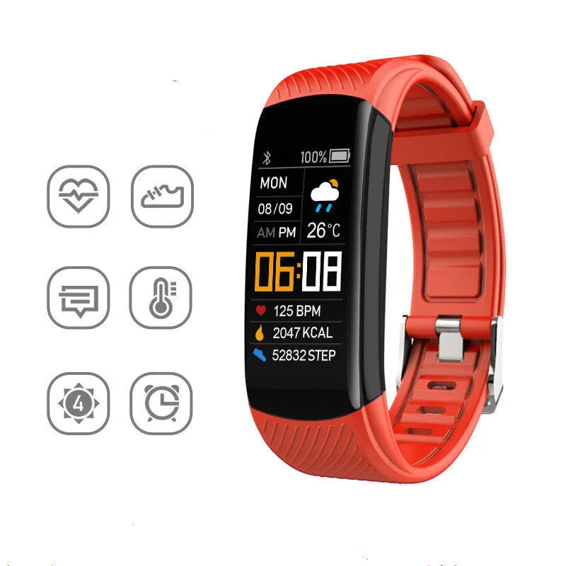 Black waterproof smart fitness tracker bracelet with 0.96-inch screen on a wrist