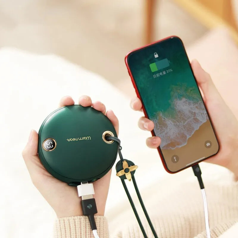 Green hand warmer power bank with digital display showing battery percentage, dimensions 89.5mm