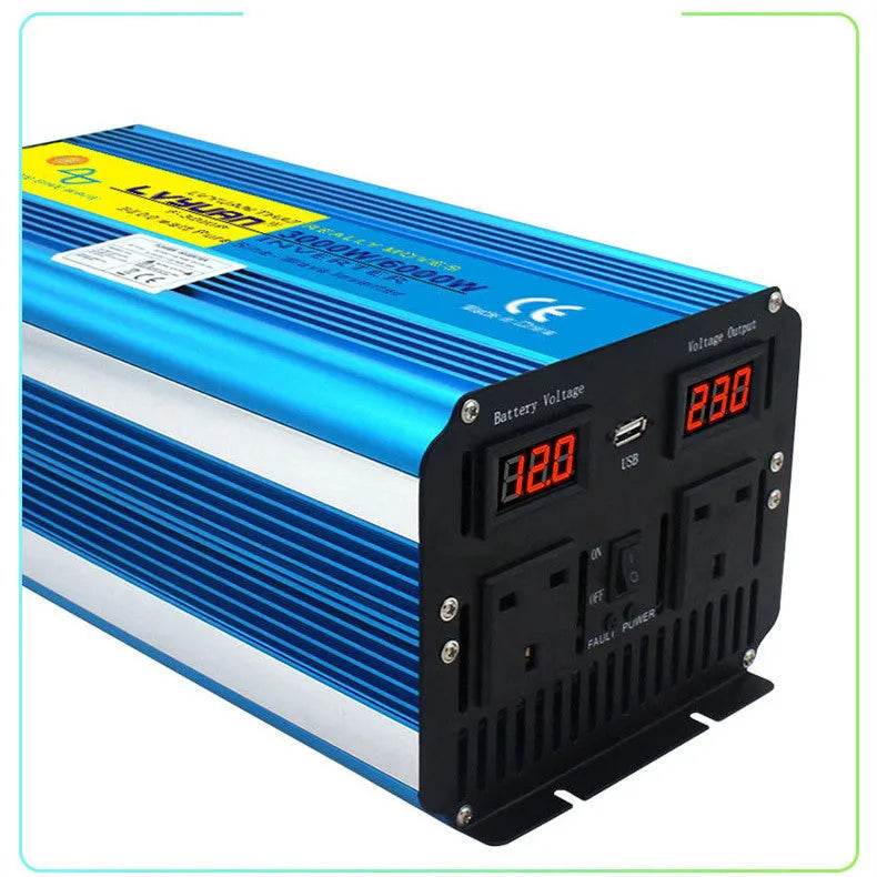 Blue 3000W pure sine wave car inverter with digital displays and UK sockets