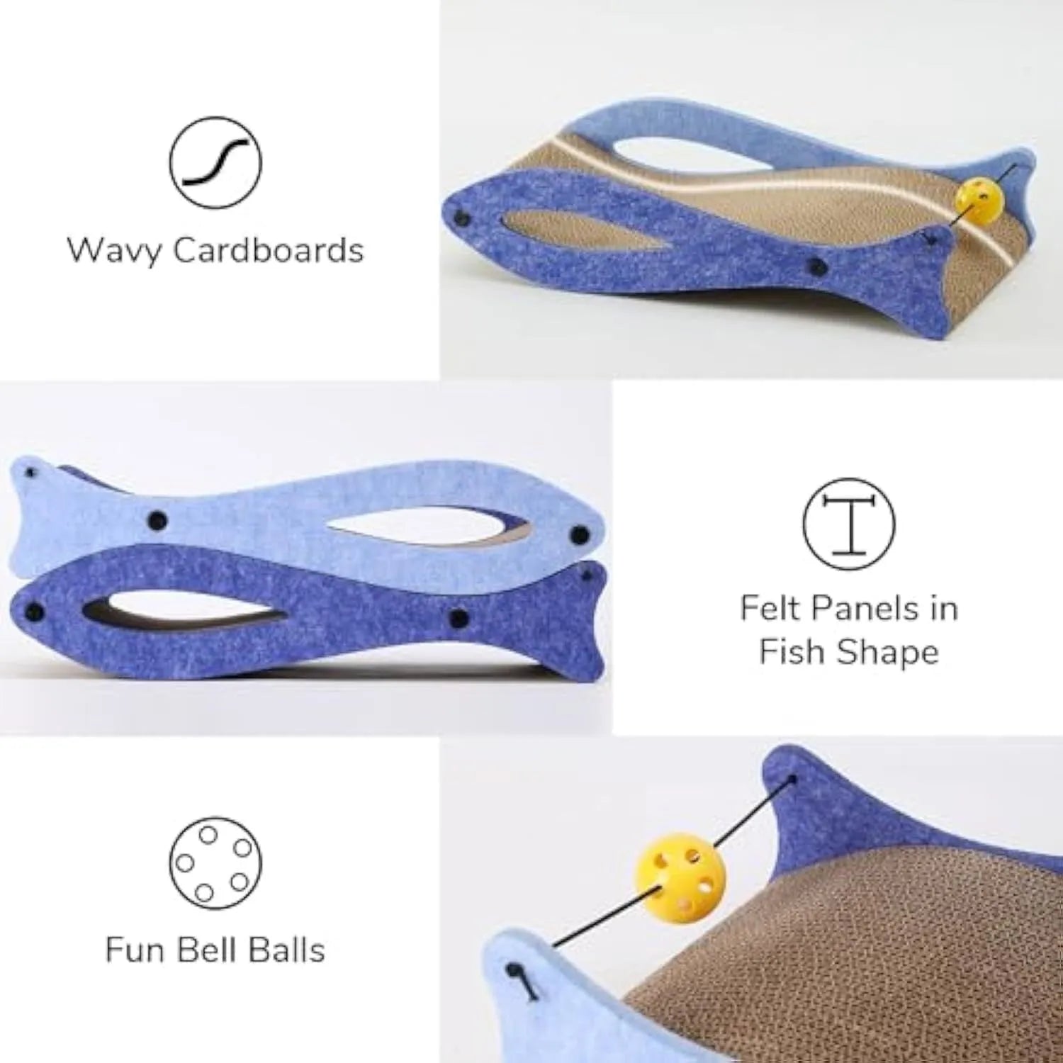 Blue fish-shaped cardboard cat scratcher with ball toy on elastic cord