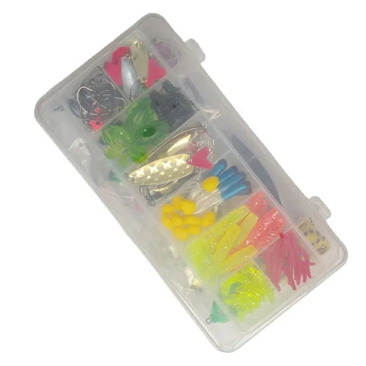 142-piece fishing lure set showing hard minnow lures, metal sequins, plastic superbait, and fishing pliers