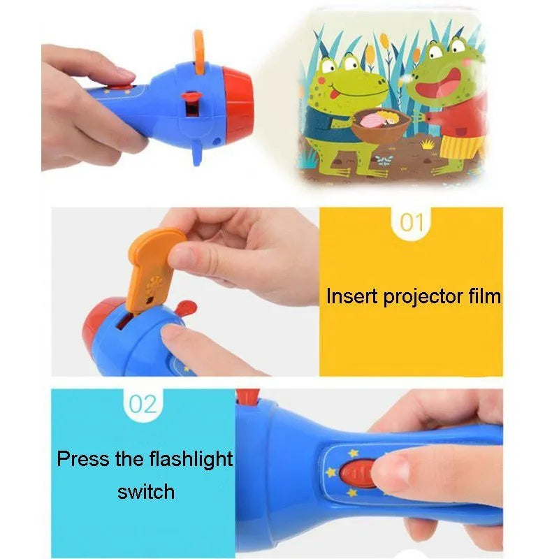 SmartKids children's storybook projector torch with 4 coloured discs projecting fairy tale image on wall.