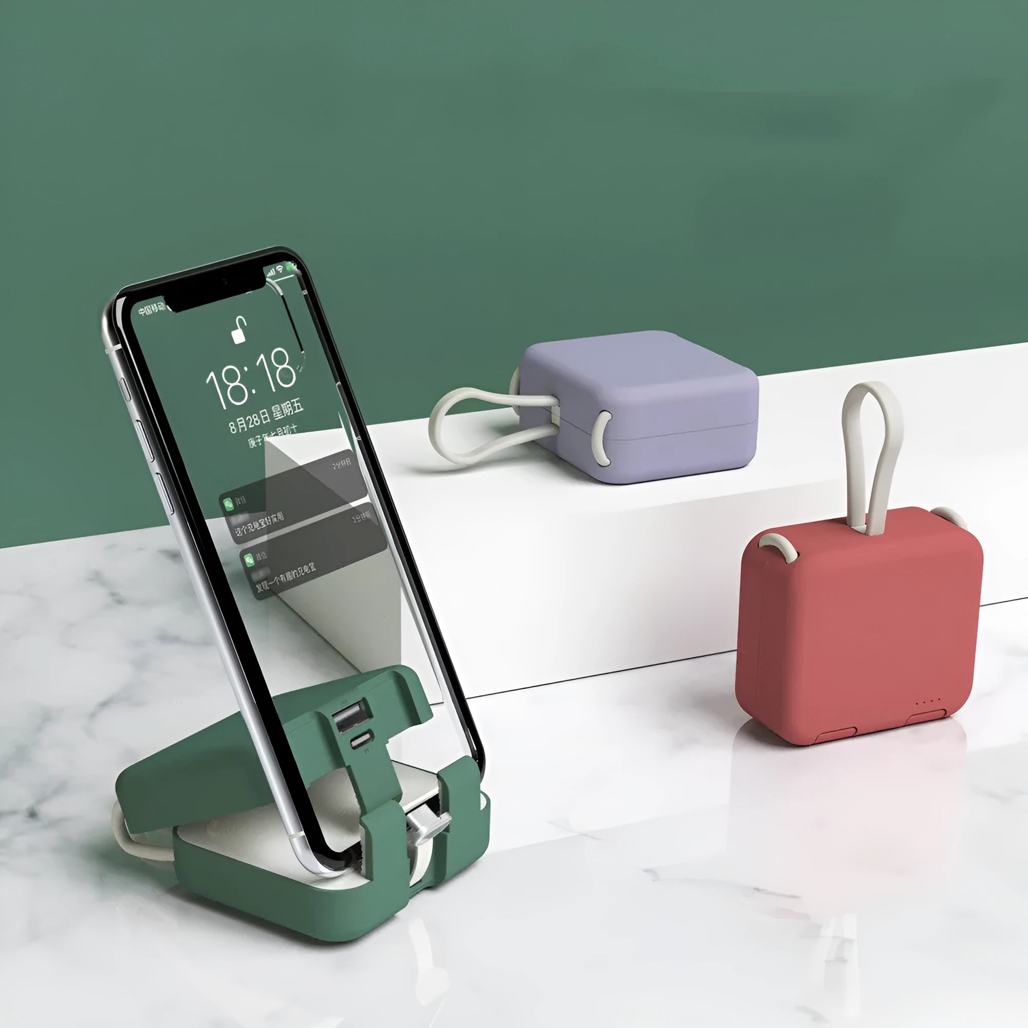 Handbag clip-on power bank in blue showing phone stand function and Type-C/Lightning ports.