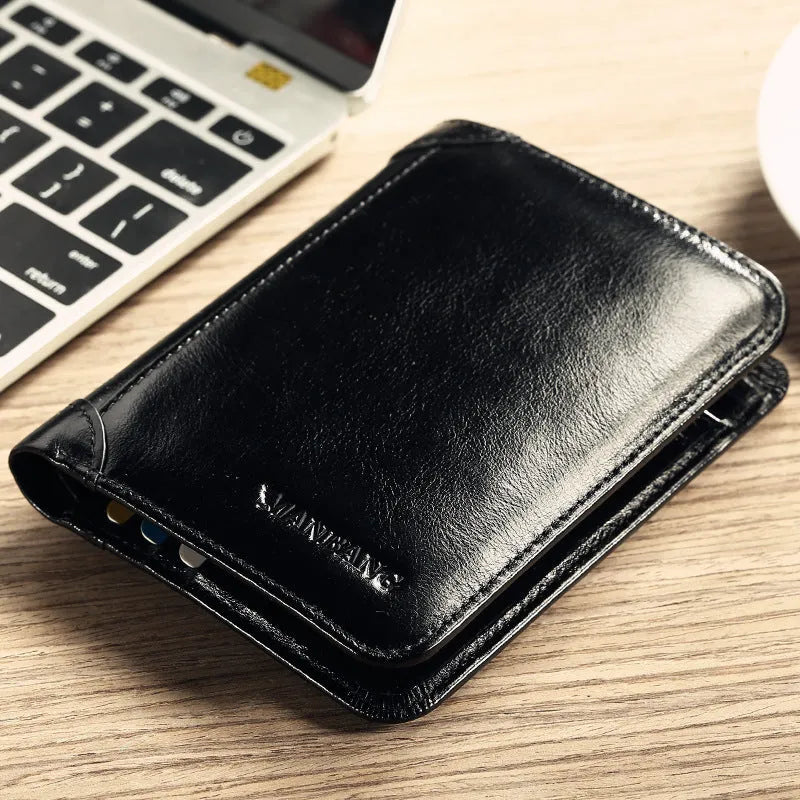 Men's black leather wallet open to show internal card slots, coin pocket, and document sleeve.