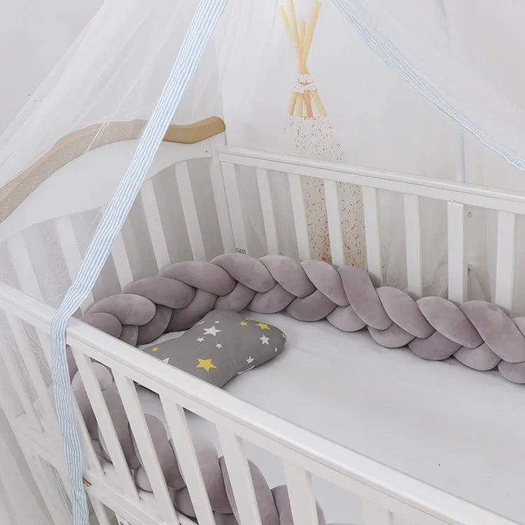 Braided knot crib bumper cushion in spandex velvet protecting infant cot sides
