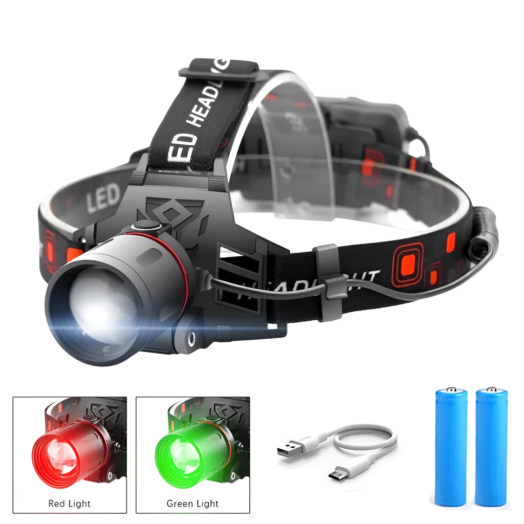 T6 LED zoom headlamp showing white, red, and green light outputs on an adjustable headband.