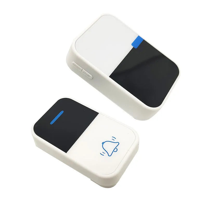Modern white plastic wireless doorbell receiver and main unit with self-generating power.